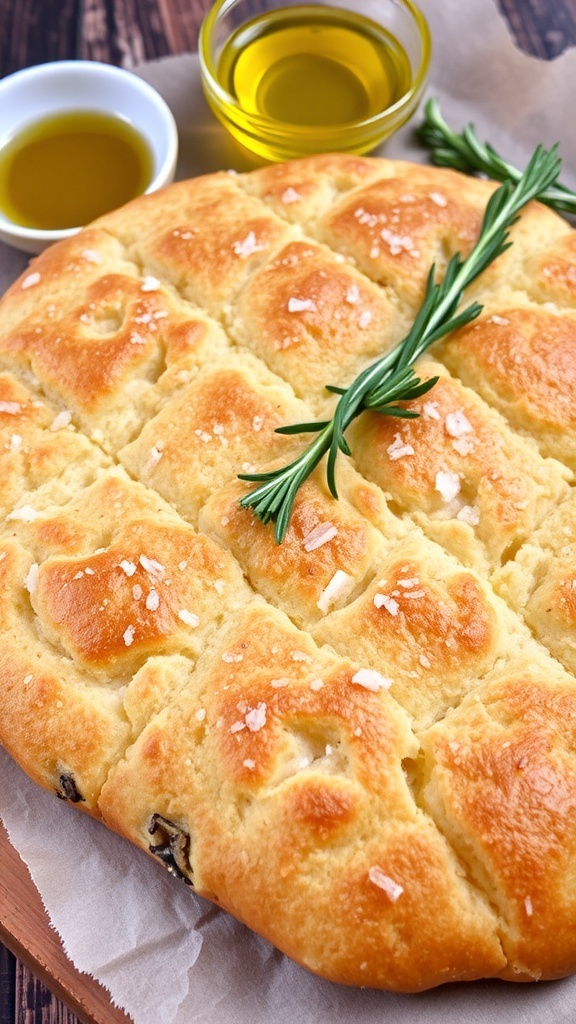 Freshly baked focaccia bread topped with rosemary and sea salt, cut into squares on a wooden table.